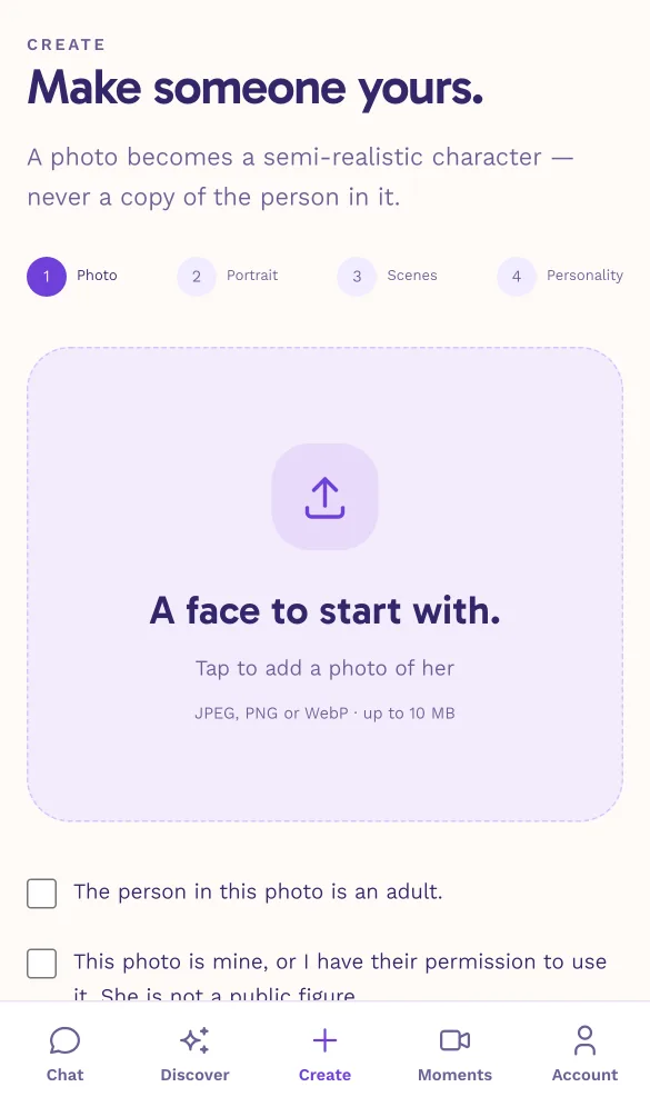 Step one of the LoveWatch character builder on a phone: an upload area that takes one JPEG, PNG or WebP of up to 10 MB, and two checkboxes to confirm the person is an adult and that you may use the upload.